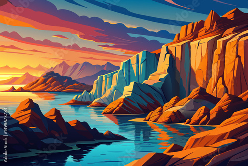 Rocky coastline landscape during golden hour at sun set time, where massive stone cliffs drop straight into deep turquoise water