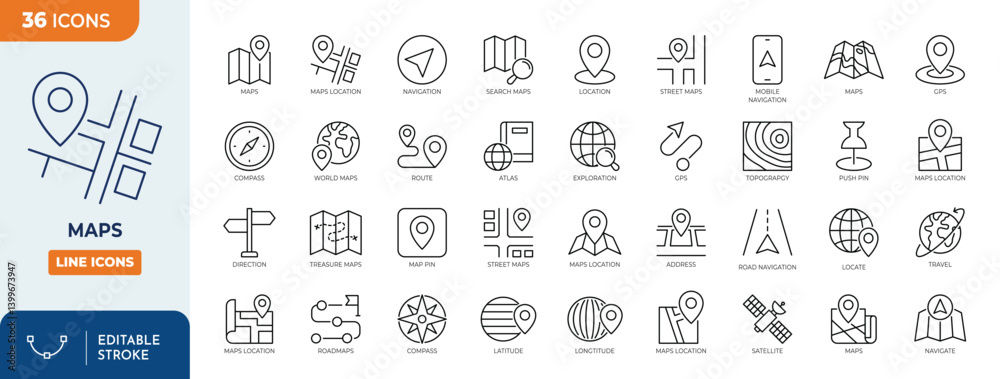 Naklejka premium Maps icon set. Containing maps, location, GPS, navigation, city map, atlas, route, direction, pin and more. Outline Icon Collection. Vector illustration. Editable stroke 