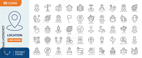 Location line editable icon set. Containing map, map pin, gps, destination, directions, distance, place, navigation, address, and more. vector illustration