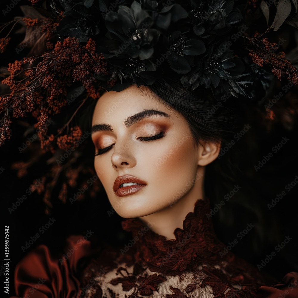 Enchanted gothic bride in crimson attire with glowing eyes and dark floral crown Enchanted gothic bride in crimson attire with glowing eyes and dark floral crown