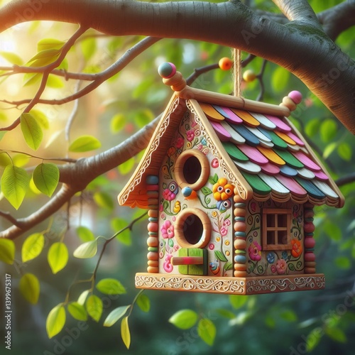 Birdhouse A colorful birdhouse hanging from a tree branch Keywor