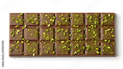 Gourmet dark chocolate bar topped with fresh green pistachios, arranged in neat rectangular sections, rich indulgent treat