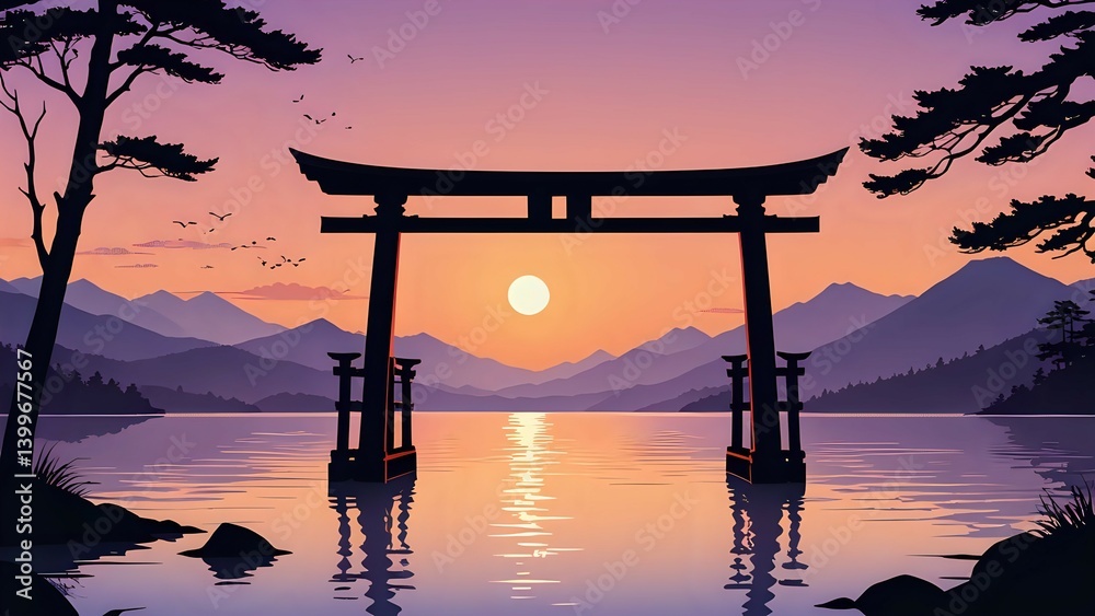 Traditional torii gate standing in calm lake aligned with glowing sunset between distant mountains beneath peaceful pastel twilight sky. Landscape and spiritual concept
Traditional torii gate standing in calm lake aligned with glowing sunset between distant mountains beneath peaceful pastel twilight sky. Landscape and spiritual concept