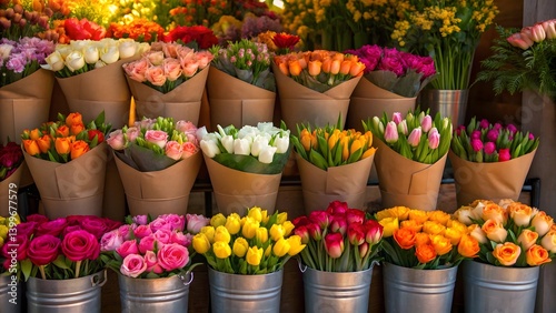 Vibrant flower shop display featuring fresh colorful bouquets of roses, tulips, and assorted blooms wrapped in rustic paper and arranged in metal buckets