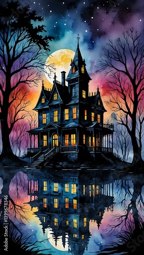 Gothic Victorian house with glowing windows reflected in still water under full moon and surreal colorful night sky framed by leafless trees. Fantasy and mystery concept
