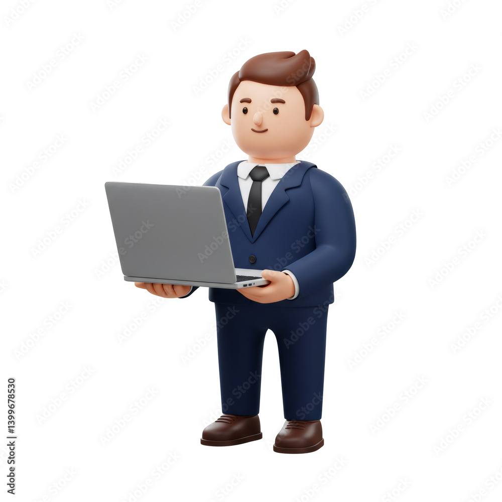 Smiling 3D Cartoon Businessman Using Laptop Smiling 3D Cartoon Businessman Using Laptop