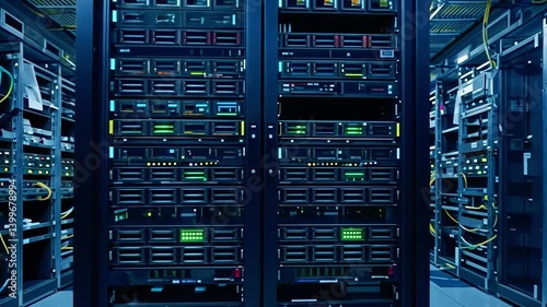Modern data center with rows of servers and illuminated components, showcasing advanced technology infrastructure