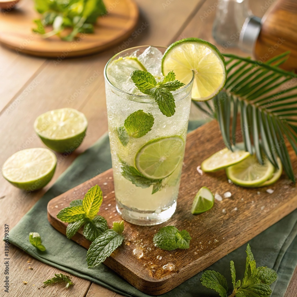 Fototapeta premium Fresh green mojito cocktail with lime and mint in a glass with ice is a cool summer refreshment