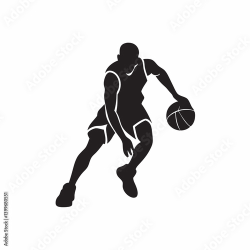 Powerful basketball player dribbling the ball intense focus and athleticism dynamic silhouette design sharp lines and strong contrast