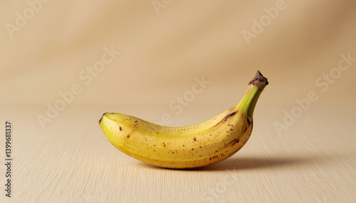 Everyday objects - for downstream advertisement and design: A ripe banana with brown spots rests on a light wooden surface against a warm beige background.