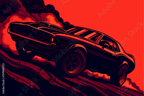 Black Muscle Car Speeding, Red Background