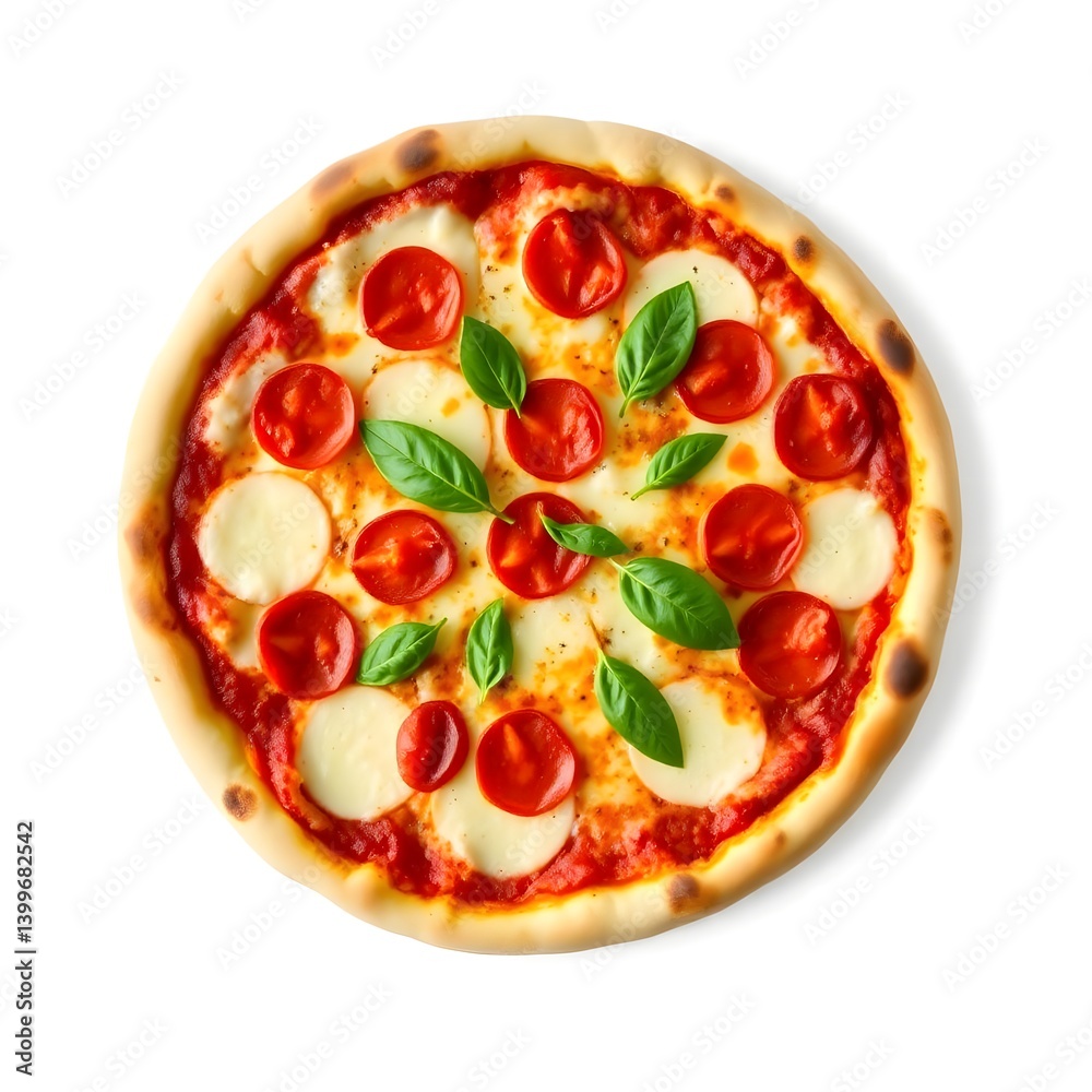 op View of Delicious Italian Pizza with Mozzarella, Cherry Tomatoes, and Basil on Wooden Board op View of Delicious Italian Pizza with Mozzarella, Cherry Tomatoes, and Basil on Wooden Board
