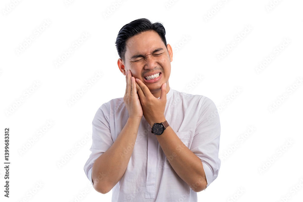 Unhealthy Asian Muslim man suffering from acute toothache, touching cheek with painful expression isolated on transparent background Unhealthy Asian Muslim man suffering from acute toothache, touching cheek with painful expression isolated on transparent background
