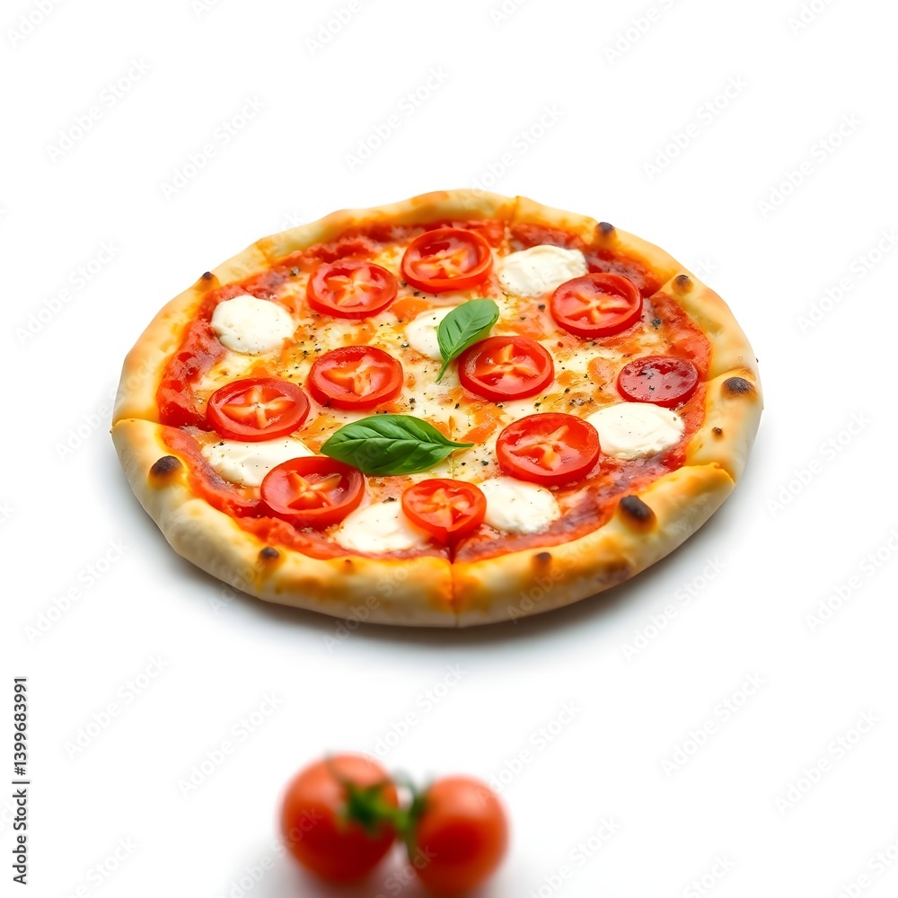 op View of Delicious Italian Pizza with Mozzarella, Cherry Tomatoes, and Basil on Wooden Board op View of Delicious Italian Pizza with Mozzarella, Cherry Tomatoes, and Basil on Wooden Board