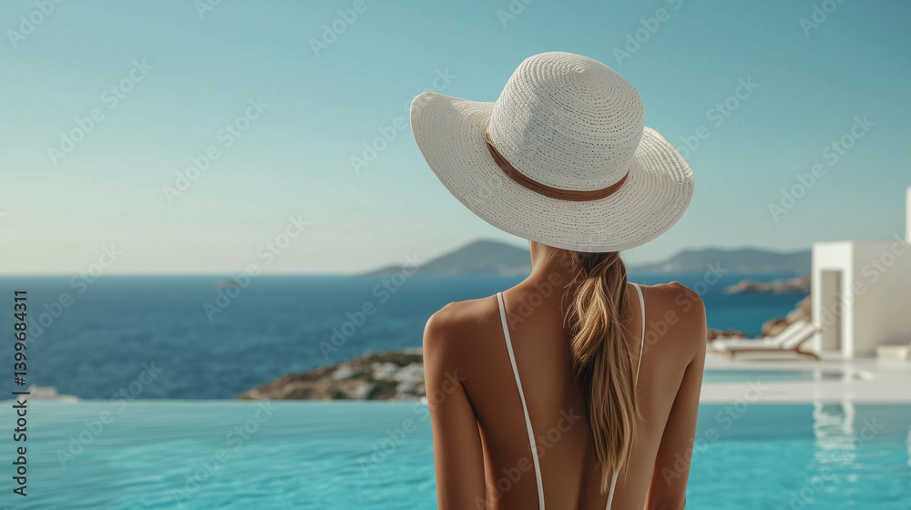 Back view of woman in white hat enjoying tranquil oceanfront infinity pool under clear sky Back view of woman in white hat enjoying tranquil oceanfront infinity pool under clear sky