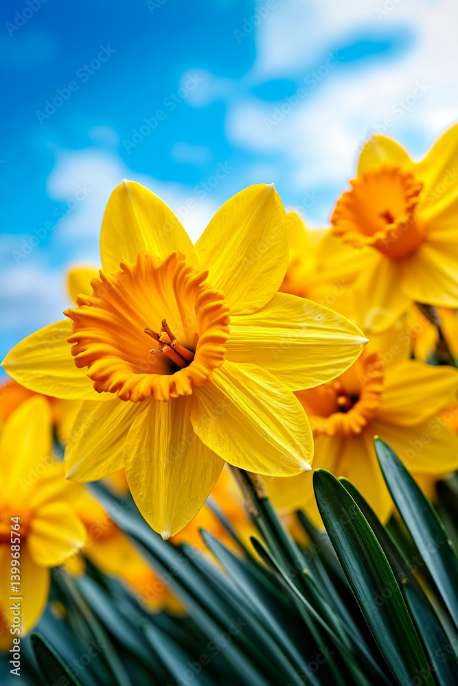 Fototapeta premium A bunch of yellow daffodils with a blue sky in the background