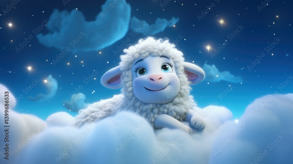 Obraz premium Cute cartoon sheep resting on clouds at night