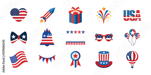 4th July, American Independence Day design vector illustration set. Collection of graphic elements isolated on white background