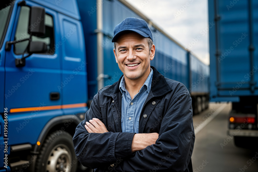 happy confident man driver standing in front on his truck concept homme heureux et confiant, conducteur debout devant son camion hombre feliz confiado conductor de pie delante en su concepto de camión happy confident man driver standing in front on his truck concept homme heureux et confiant, conducteur debout devant son camion hombre feliz confiado conductor de pie delante en su concepto de camión
