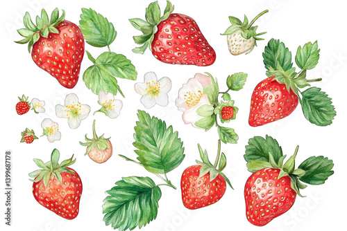Fototapeta Naklejka Na Ścianę i Meble -  watercolor illustrations featuring ripe strawberries unripe strawberries leaves and flowers showcasing the beauty of fruit for artistic or educational purposes