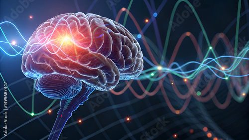 neurofeedback brainwaves self-regulation EEG Illustration of a brain with colorful waves representing neural activity and data flow.
