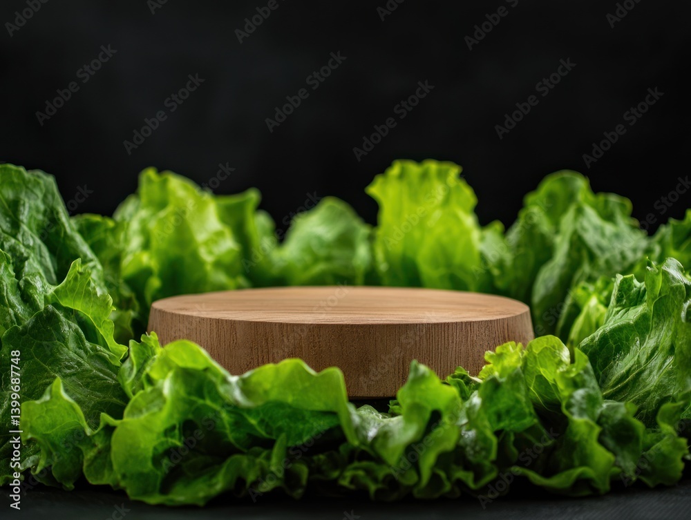 large salad leaves surround a wooden podium in the middle, food concept