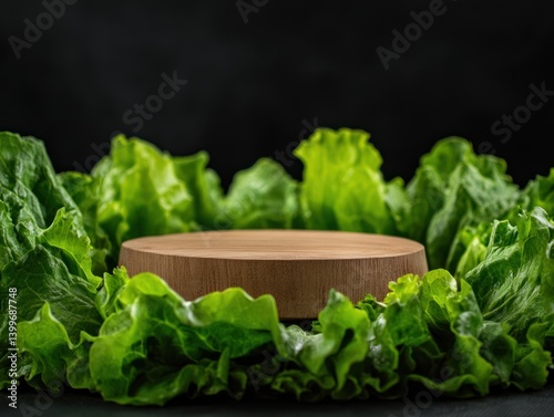 Obraz na płótnie large salad leaves surround a wooden podium in the middle, food concept w salonie