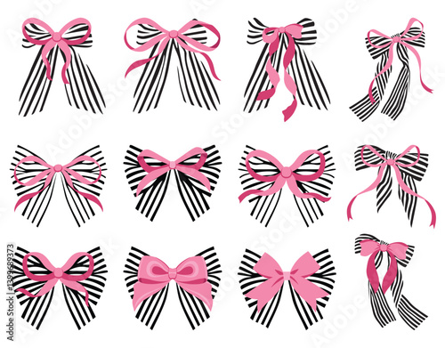 Vector Illustrations of pink vintage bows and stripe bows. Bow for girly hair decor, flat icons. Ribbons isolated. Trendy girls accessories. Cute hairstyle elements collection. Simple pink ribbon bow