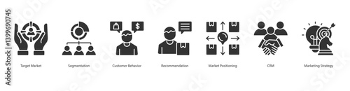 Market Positioning Strategies Icon sheet vector target market, segmentation, customer behavior, recommendation, market positioning, crm, marketing strategy