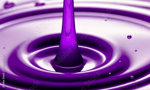 Purple liquid drop creating ripples in a tranquil water surface