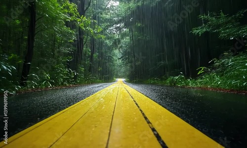 Rainy forest road with vibrant yellow lines and lush greenery