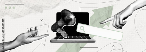 Trendy Halftone Collage Online Hiring Job. Laptop with megaphone and search bar. Career opportunity. Remote work. Offer about new vacancy via internet. Contemporary vector illustration art