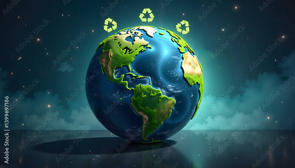 Earth with Recycling Symbols Against Cosmic Background for Environmental Awareness, Sustainability Campaigns, Education, and Social Media Initiatives Earth with Recycling Symbols Against Cosmic Background for Environmental Awareness, Sustainability Campaigns, Education, and Social Media Initiatives