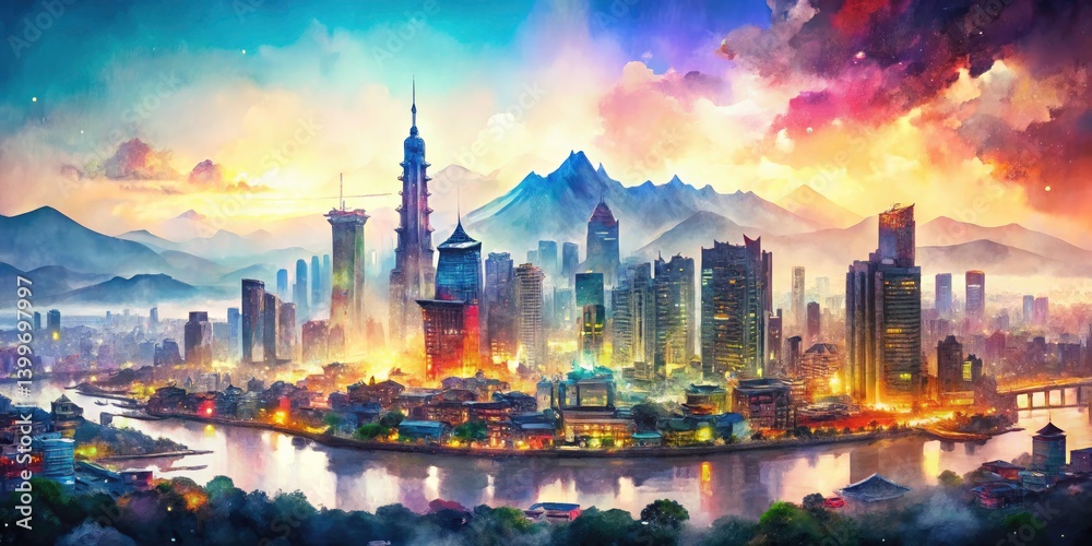 Obraz premium Urban Skyline Asian Art Fusion: Contemporary Cityscape Meets Classic Landscape Painting