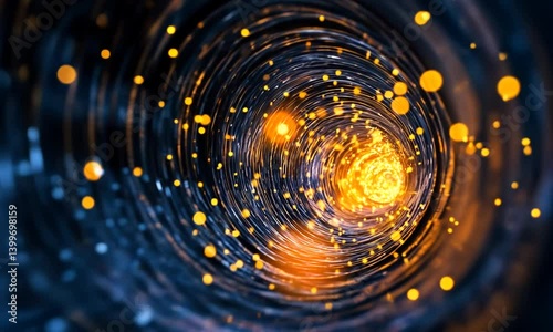 Swirling vortex of glowing particles in a cosmic tunnel with depth