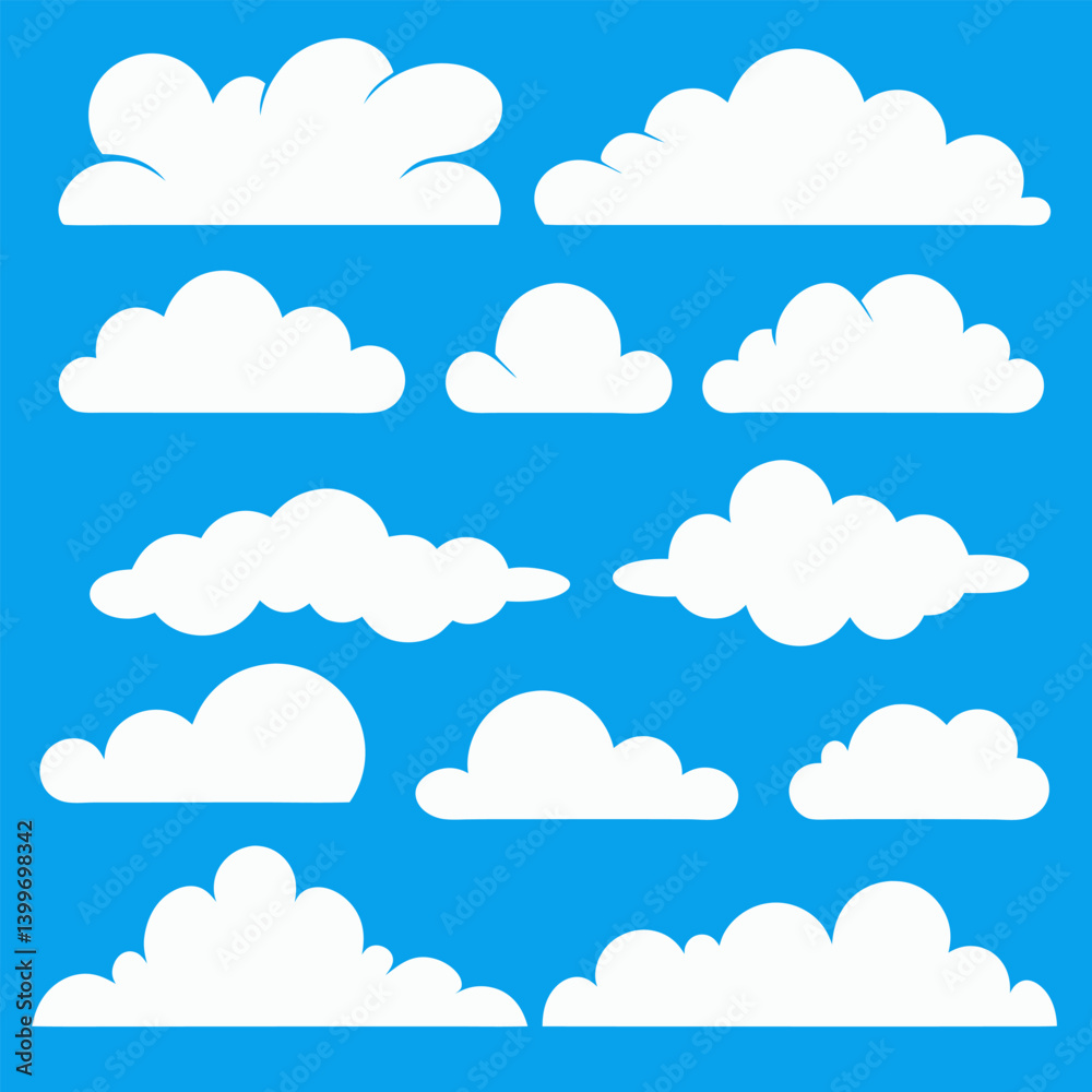 Vector Set of Cartoon Cloud Shapes – Flat White Clouds on Blue Sky Background. Vector Set of Cartoon Cloud Shapes – Flat White Clouds on Blue Sky Background.