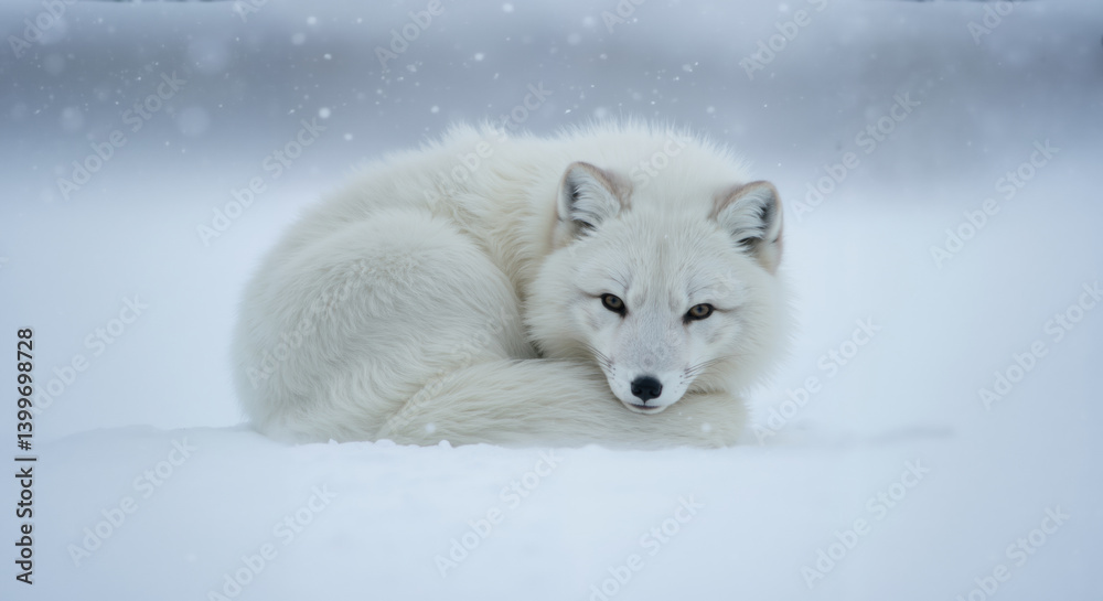 Naklejka premium Arctic fox curled up on snow with white fur perfectly camouflaged in winter landscape. Wildlife adaptation for environmental conservation awareness and animal protection education
