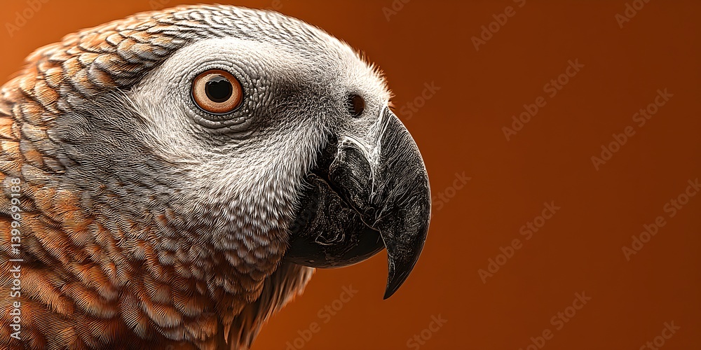 Fototapeta premium Regal parrot with monocle on solid orange background, highly detailed digital bird portrait with abstract minimal style and panoramic space for editorial or banner use