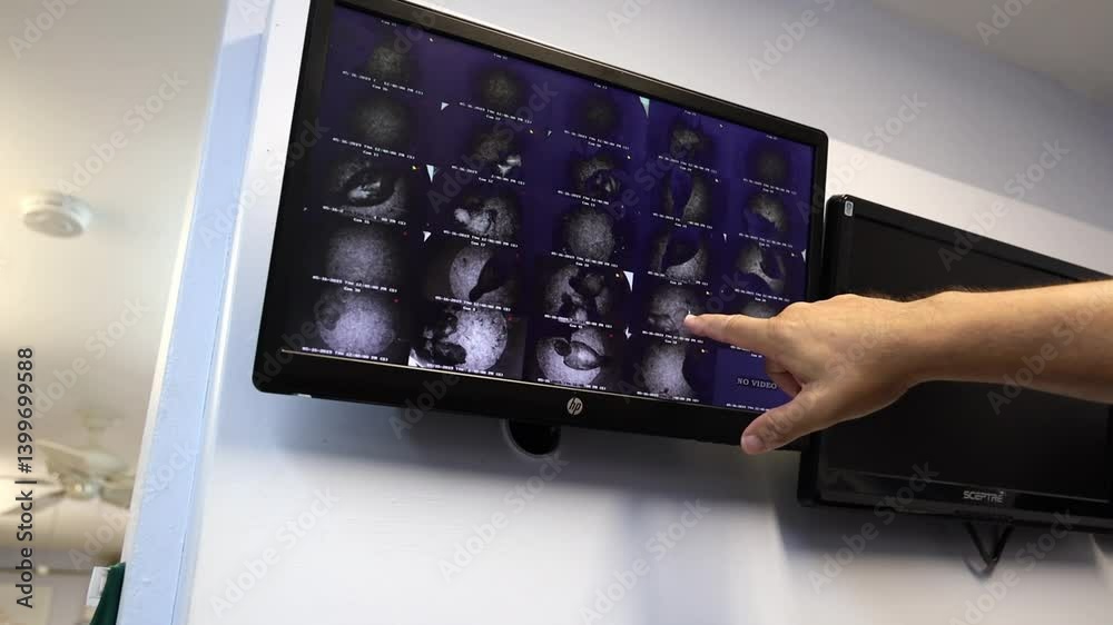 Closeup of an ornithologist pointing at the screen showing the Puerto Rican amazon parrot nest