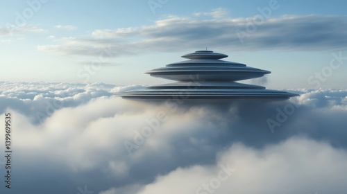 UFO hovering above fluffy clouds in a dramatic sky during sunset with warm light illuminating the scene
