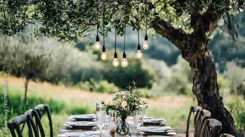 Rustic outdoor dining under olive trees