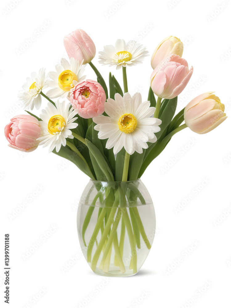custom made wallpaper toronto digitalThank You Bouquet (Tulips Ranunculus Daisies) medium, round vase filled with pale pink water, holding a thoughtful bouquet