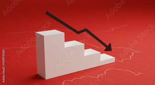 Down arrow on white geometric stairway, decrease business graph down step, finance diagram on red background. Financial crisis, bankruptcy, loss investment economic recession sales risk concepts.