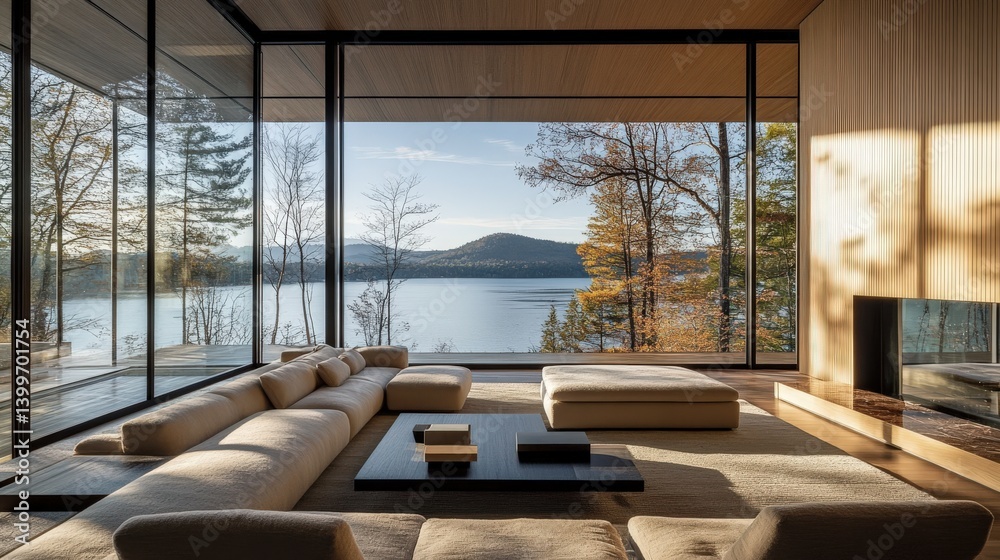 Fototapeta premium A modern living room overlooking a beautiful lake landscape