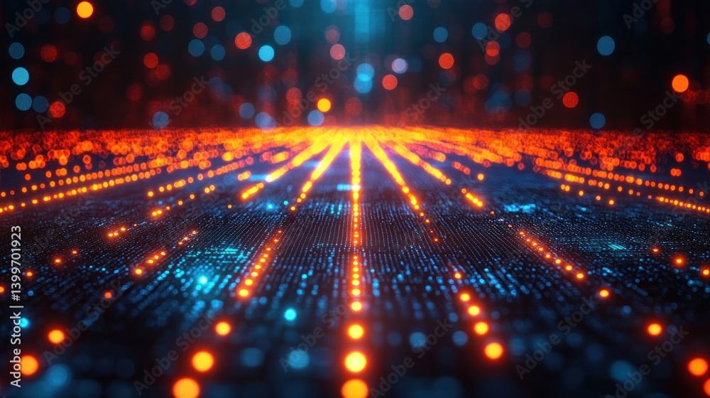 Abstract Digital Landscape: Glowing Pathways of Data and Information