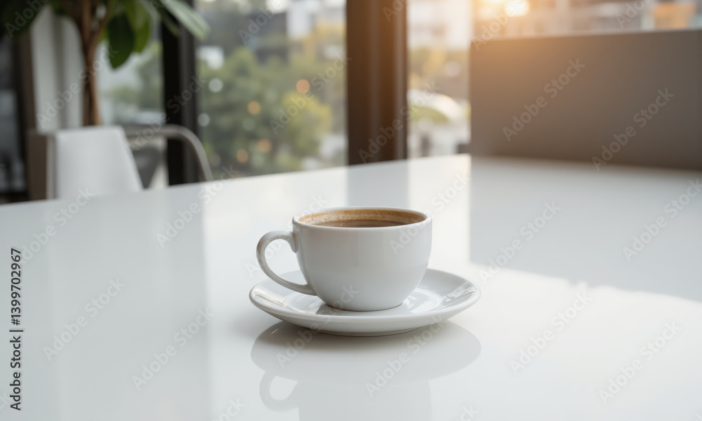 A single coffee cup on a clean, white table with soft morning light streaming through a nearby window. The minimalist A single coffee cup on a clean, white table with soft morning light streaming through a nearby window. The minimalist
