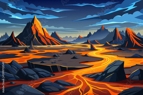 windswept volcanic plain, scattered with sharp black lava rocks, The landscape is rich in contrast between dark ground and glowing amber highlights from low sunlight