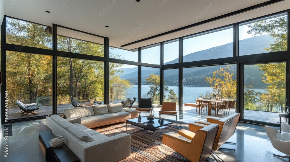 Fototapeta premium A modern interior living space overlooking water and natural landscape