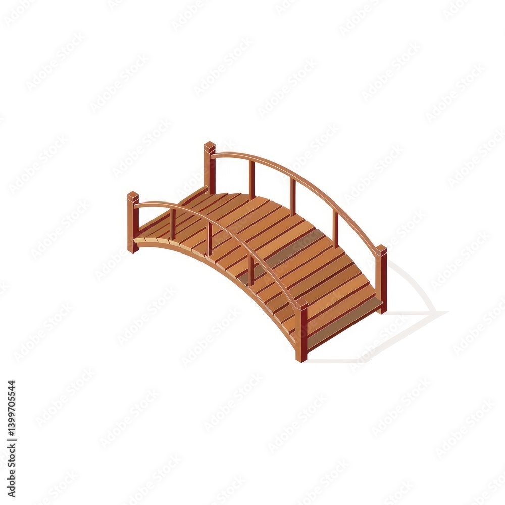 Wooden arched bridge illustration. A simple, stylized, isometric representation of a wooden bridge with a curved top. The bridge's planks, supports, and railings are detailed, yet simplistic