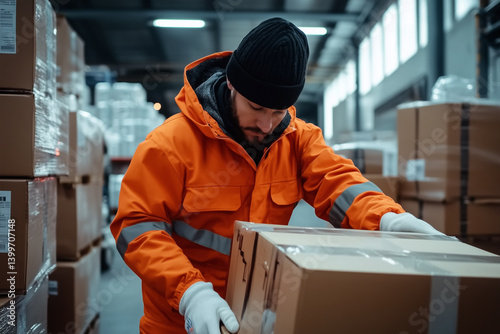 Warehouseman Carrying Cardboard Box Inside Industrial Storage, Banner, Illustration, Photography